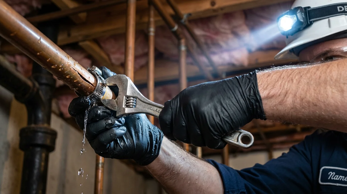Emergency pipe clamp repair being performed by a Johns Plumbing LLC plumber in Hurricane
