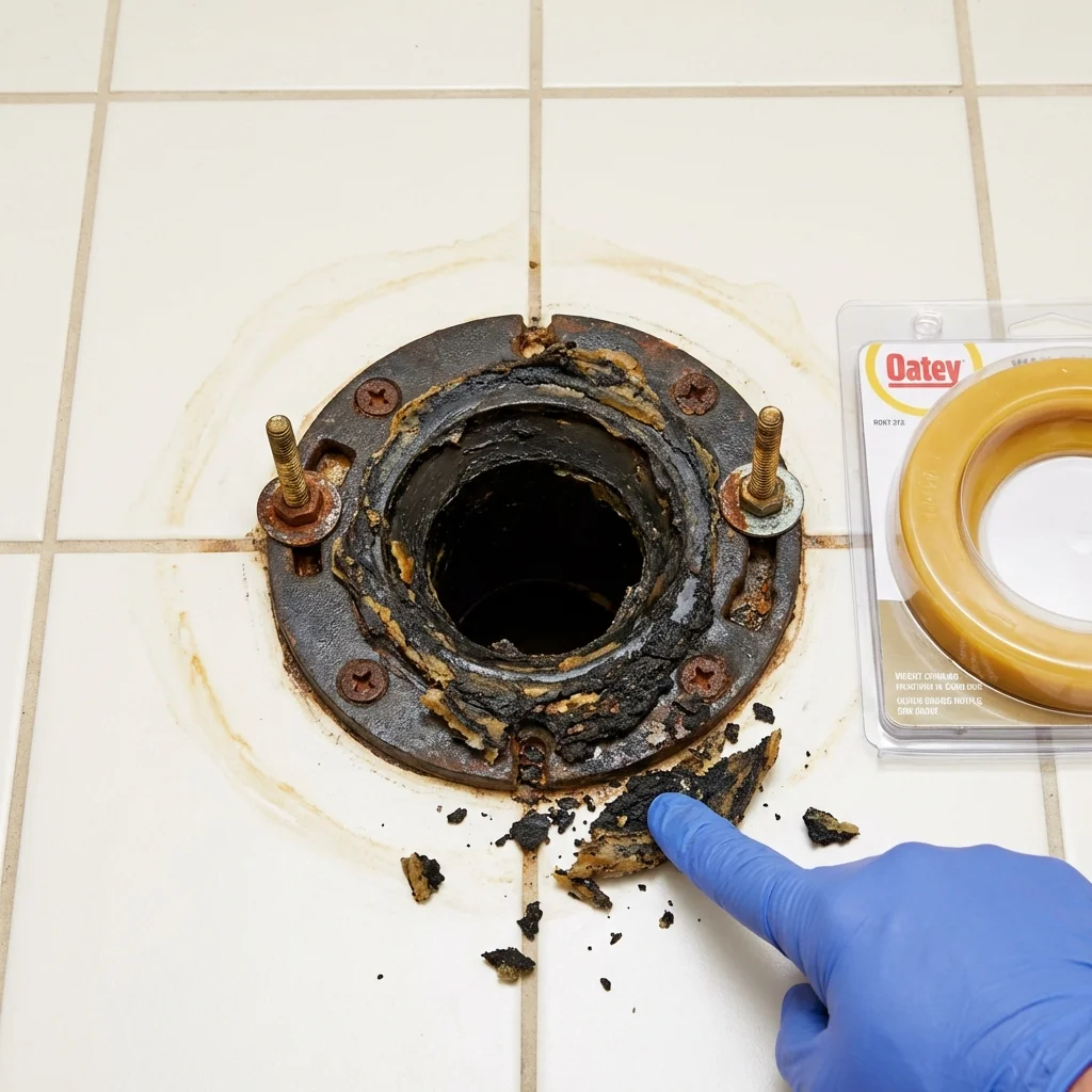 Failed wax ring showing water seepage at the base of a toilet in a Hurricane, WV home